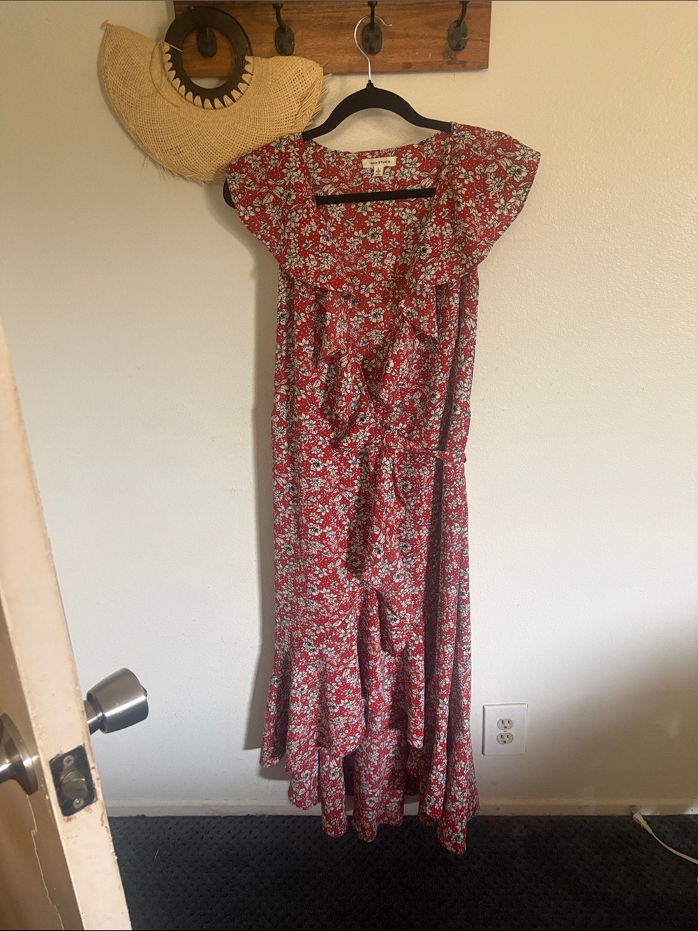 Max Studio Red Floral Maxi Dress with Ruffle Details